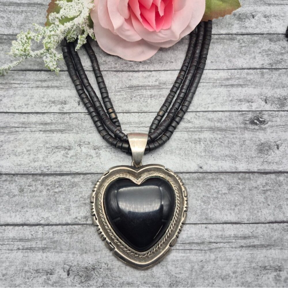 Multi Strand Bead Necklace Silver Tone Black Large Heart Pendant Whimsigoth